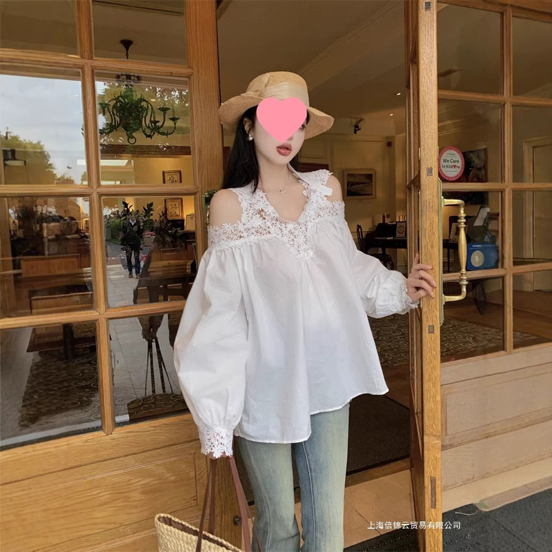 One-Shoulder White Lace Shirt for Women, Summer Belly-Covering Off-Shoulder Babydoll Top, French-Style Stunning Blouse One-Shoulder White Lace Shirt for Women, Summer Belly-Covering Off-Shoulder Babydoll Top, French-Style Stunning Blouse