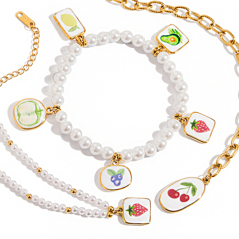 Quiet and Elegant Design, Sweet and Romantic 18K Gold Stainless Steel Oil Drop Cross Chain Spring Buckle Printed Cherry Bracelet