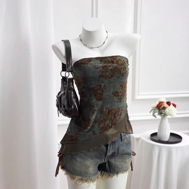 Zt7898 Sexy Hot Girl Style Retro Printed Mesh Patchwork Tube Top with Irregular Hem for Summer, Slimming and Flattering