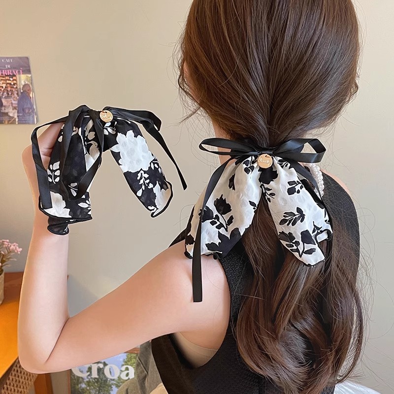 Retro francés negro flor triturada arco intestino grueso anillo de cabello de cola de caballo baja cuerda de cabello para mujeres 2025 nuevo flotante flores de cabeza