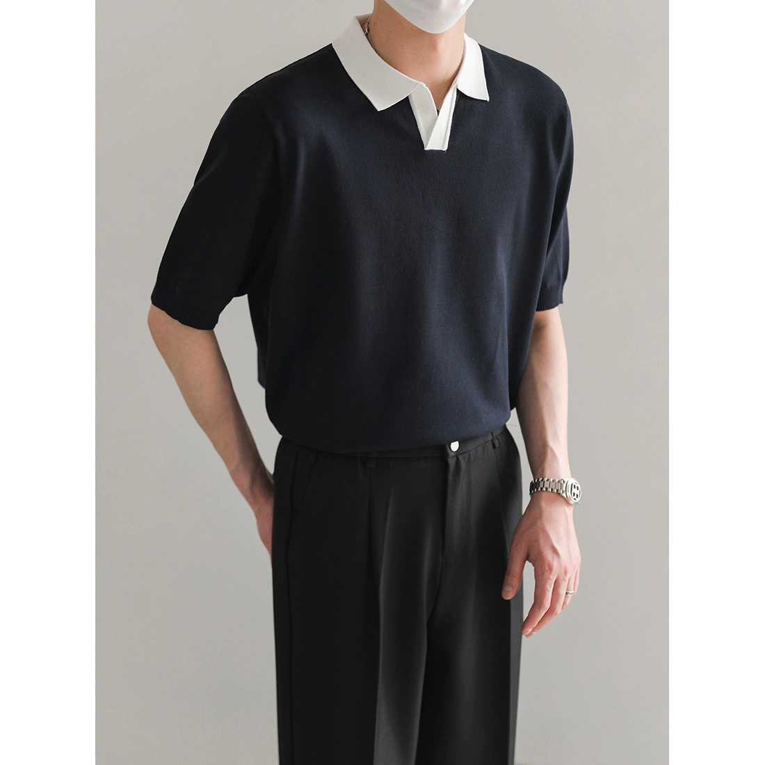 Корейский ветер свободная контрастная трикотажная рубашка поло с отворотом