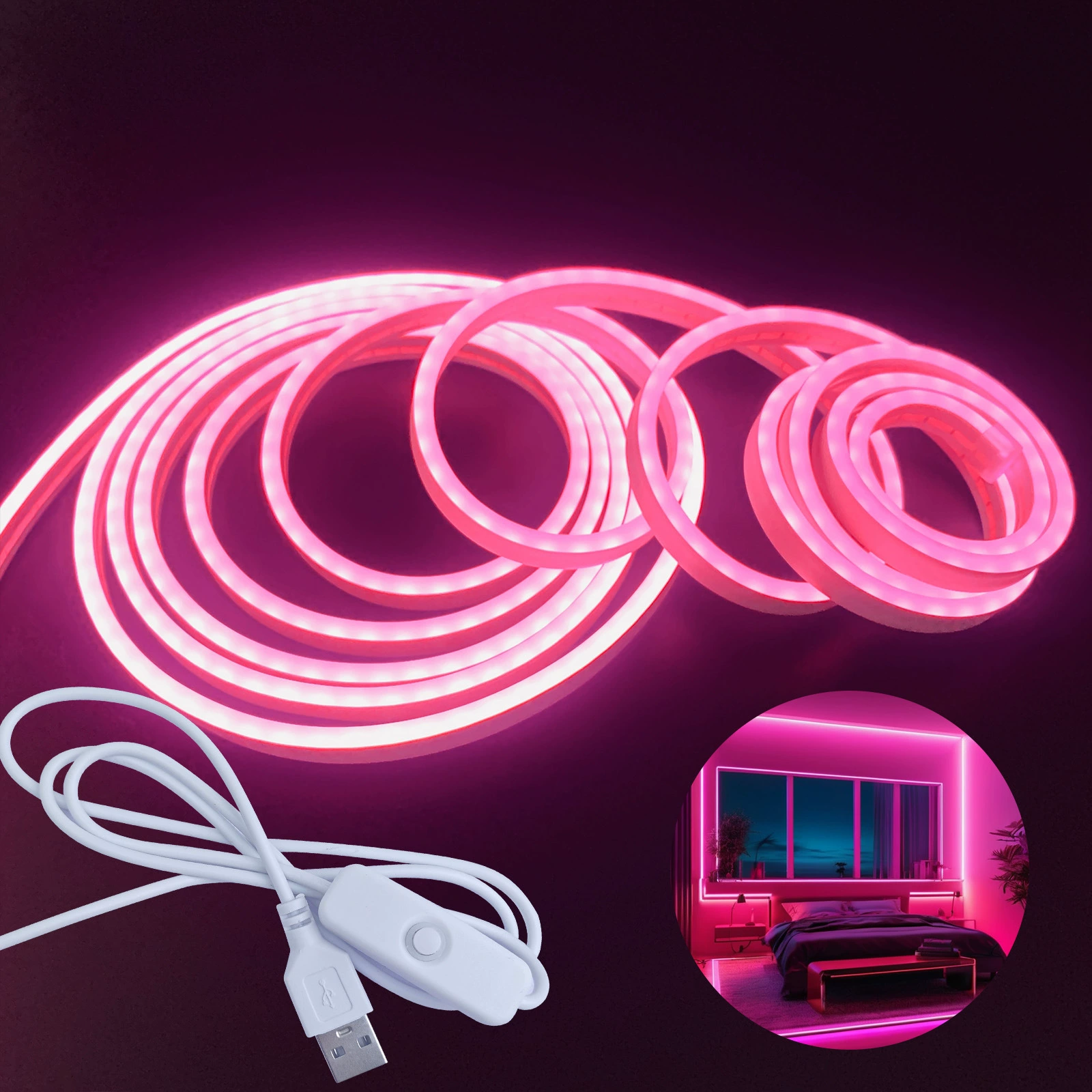 USB неоновая лента, 5 В, гибкая LED‑лента с кнопкой‑переключателем, 1–5 м, много цветов