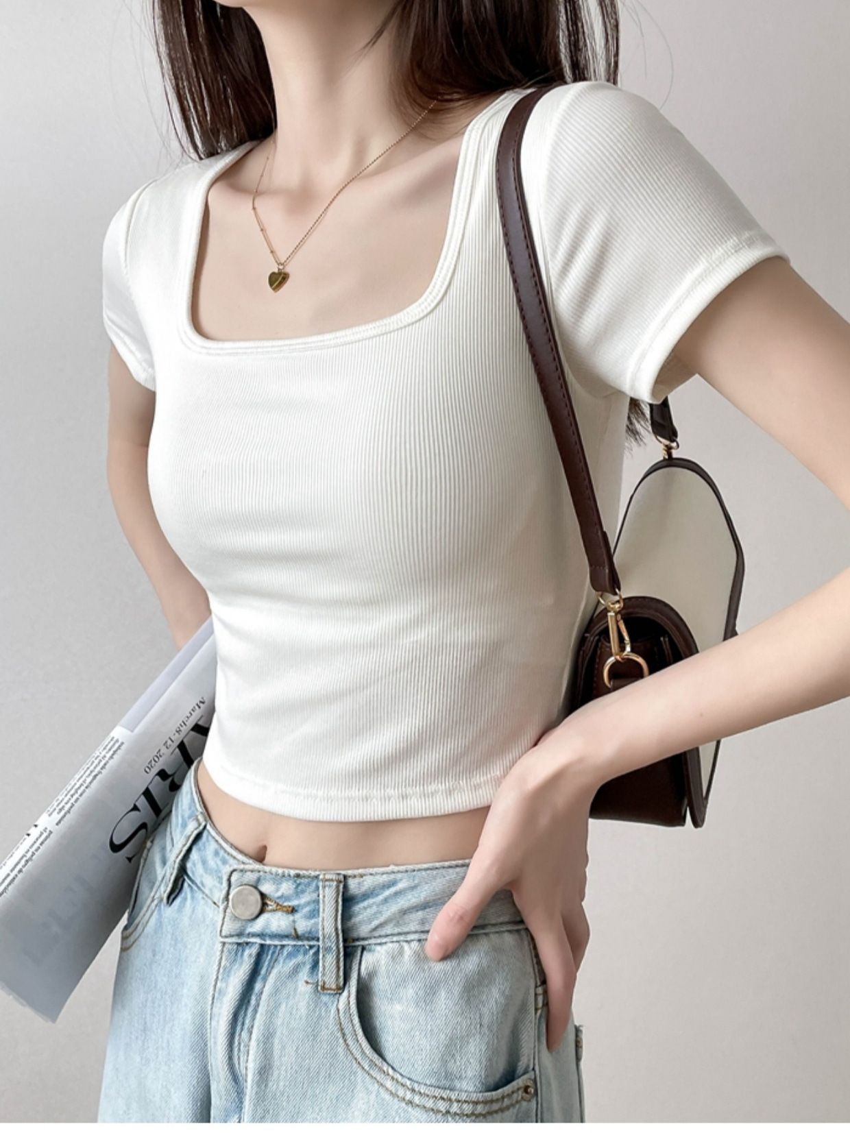 Women's 2024 Summer Solid Color Short Slim-Fit Bottoming Top with Chest Pad Threaded Square Collar T-shirt