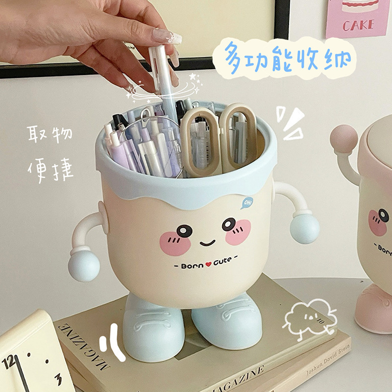 卡通笔筒学生多功能文具收纳盒桌面大容量杂物整理桶带盖废稿纸篓|undefined