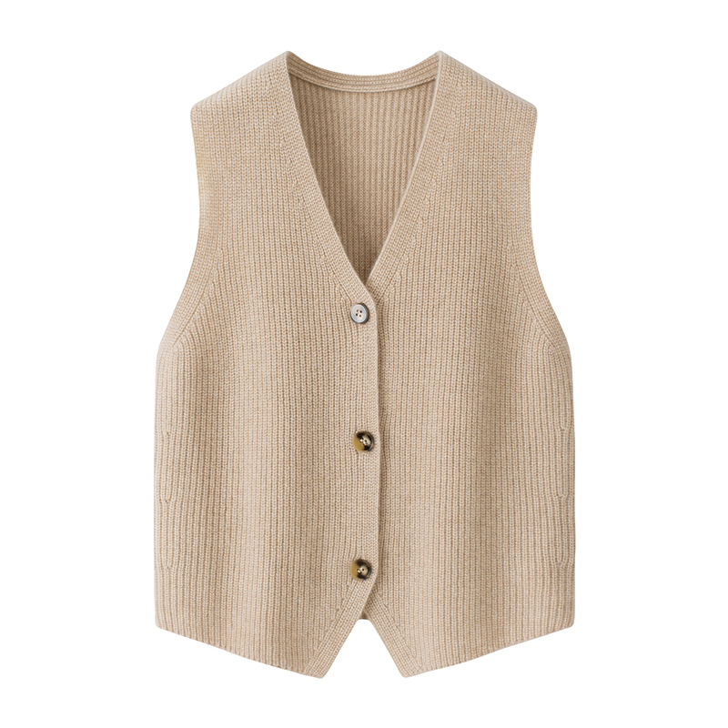 7针元宝针叠穿女士V领保暖针织坎肩开叉前长后短牛角扣山羊绒开衫