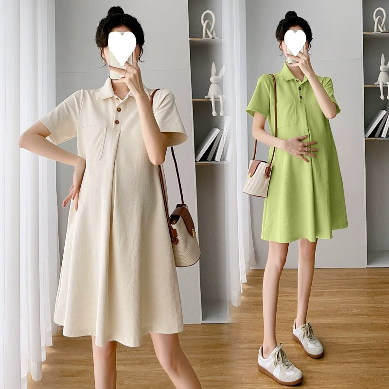 Summer clothing for pregnant, dress, summer skirt, western style, polo collar, with short sleeve, for teenagers, internet celebrity