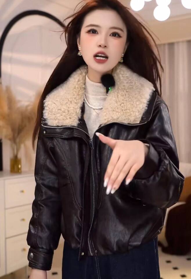 Áo khoác da PU dáng ngắn cổ áo lông, lót nỉ giữ ấm — màu cà phê, đen chi tiết 5