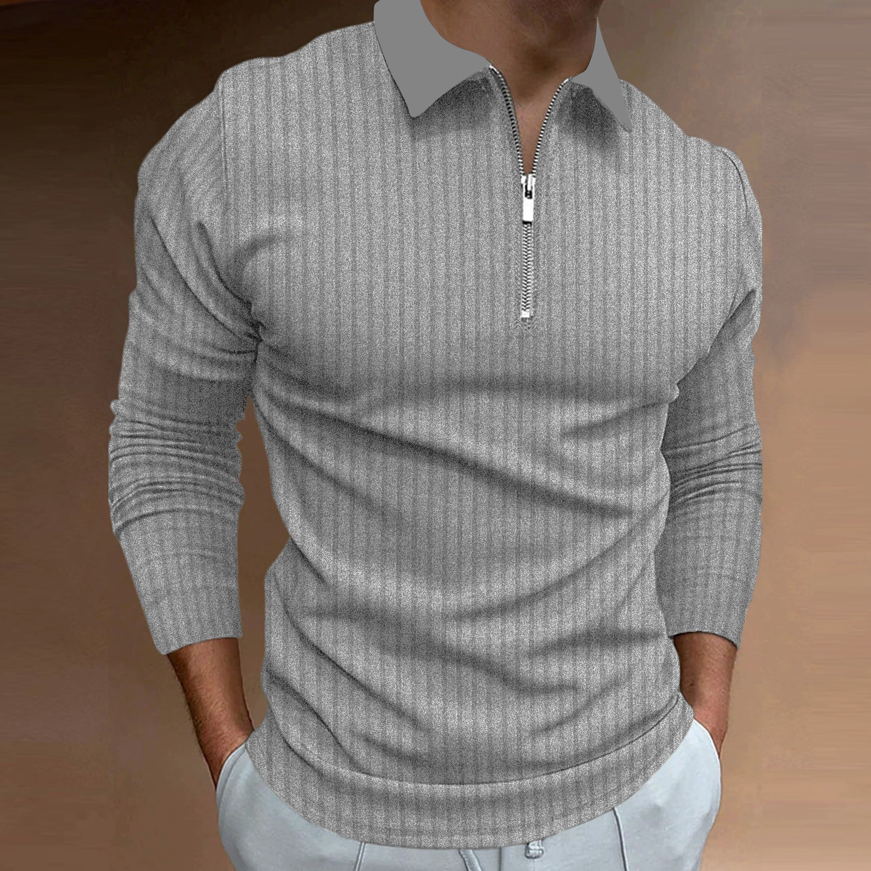Nuevo transfronterizo de otoño para hombres europeos y estadounidenses deportivo acondicionamiento físico casual de collar vertical elástico tiras verticales con cremallera de manga larga camisa polo