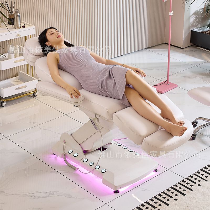 Cama de belleza eléctrica de alta gama con patrón de bordado de masaje plegable elevación automática especial para salón de belleza