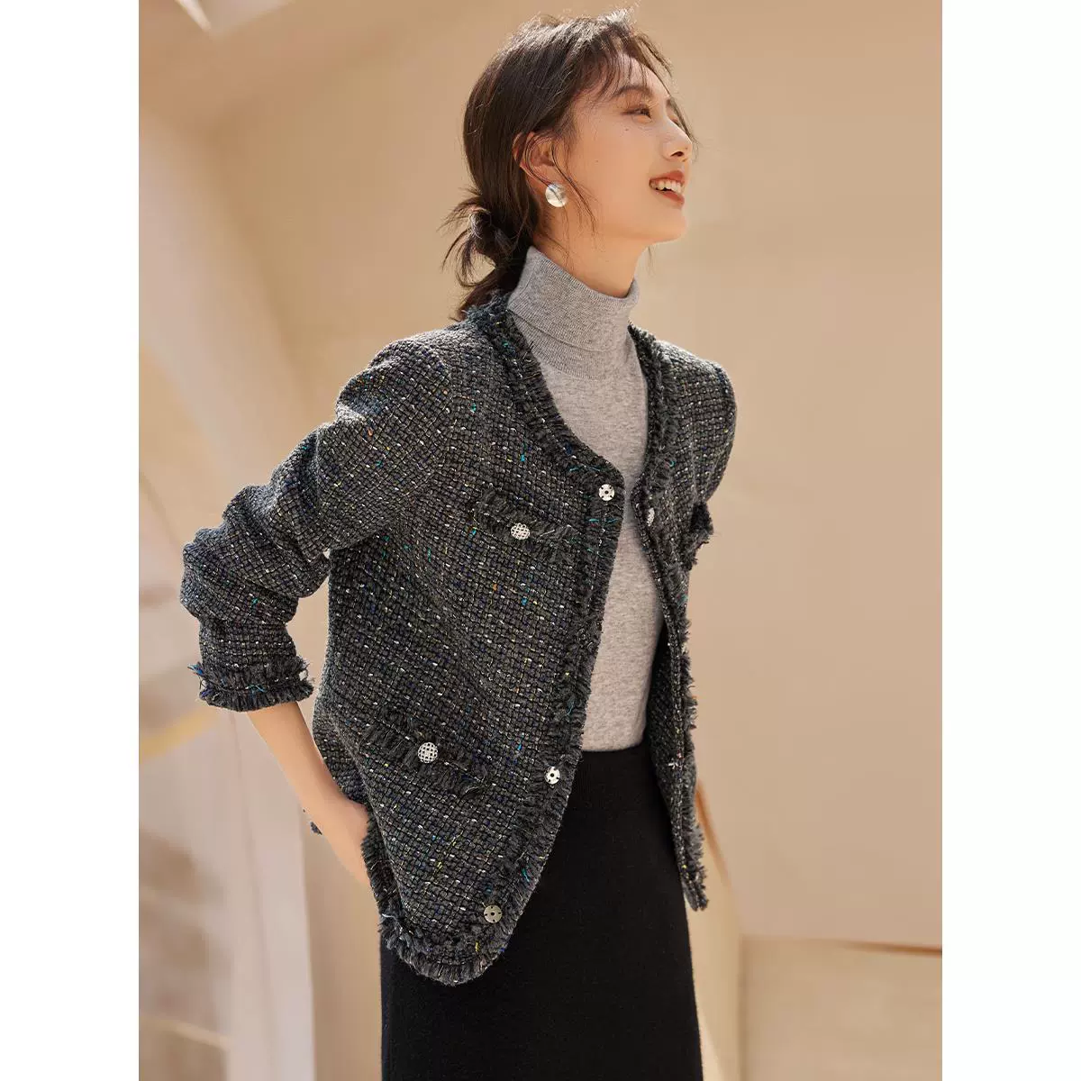 Маленькая осенняя куртка, изящная лента, стиль Chanel, премиум, облегающий