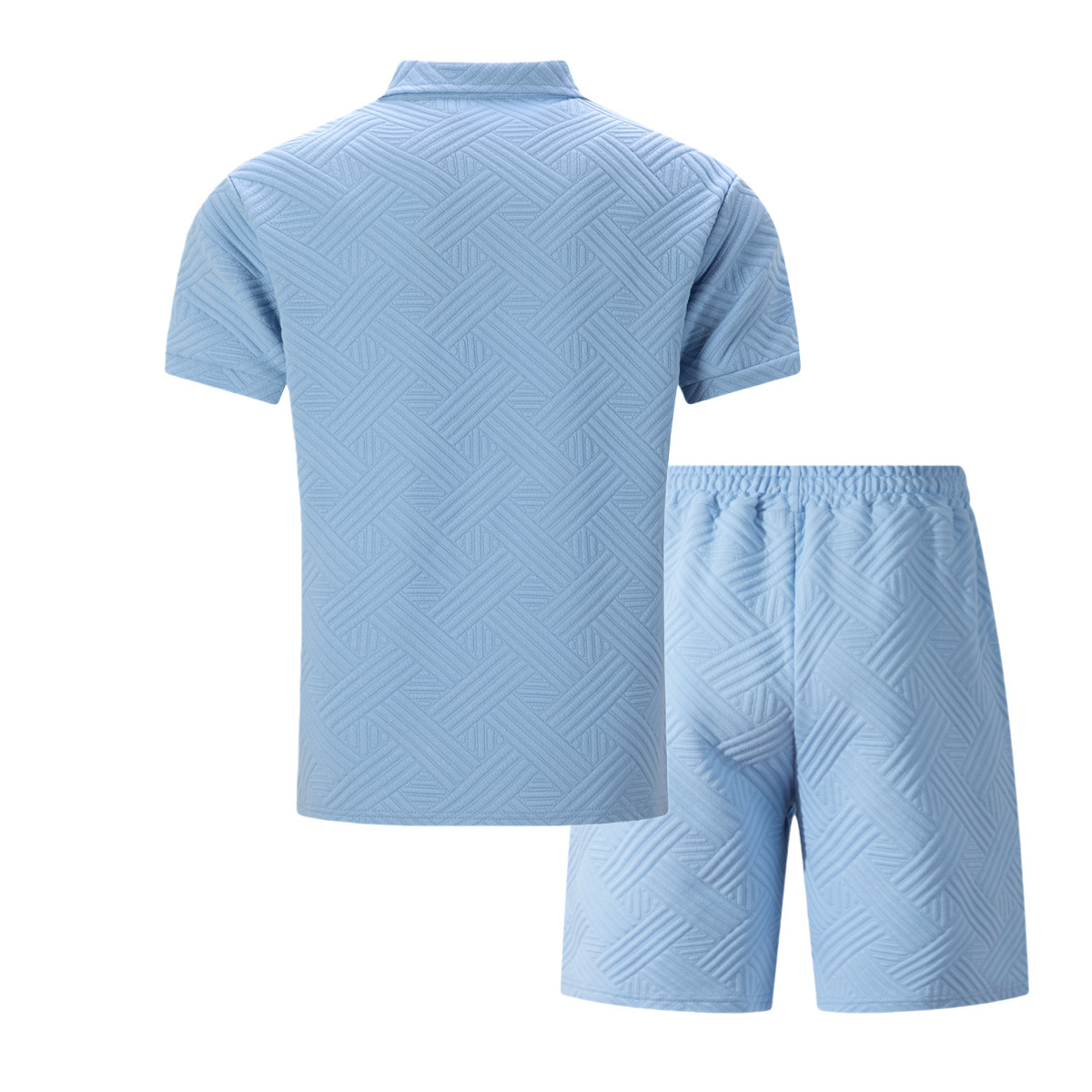Zweiteiliges Herren-Set aus Waffelstrick, einfarbig, Sommer, Kurzarm, Shorts mit Tasche und Jacquard-Kragen._voghion.com