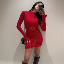 欧美风跨境2025秋季新款女装长袖气质拼接花朵包臀连衣裙女批