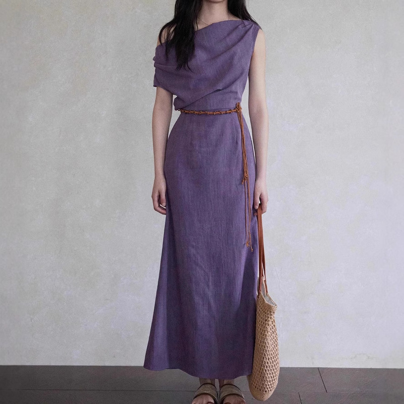Yaoyang Design [Weiyang] New Chinese Style Sloping Shoulder Swing Collar Dress Feminine Purple Design Waist Long Skirt