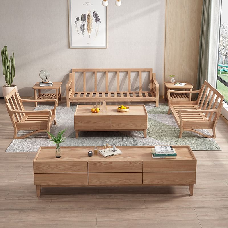 Madera maciza cera blanca sofá sala de estar hogar estilo japonés nórdico registro silencioso viento tecnología impermeable sofá de tela combinación