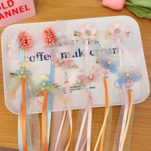 Children hanfu fairy princess performance headdress girls ancientry tassel hairpin girls princess flower long ribbon costume ribbon hairpin