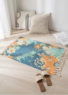 Retro ethnic style Nordic simple non-slip cotton linen carpet bedroom bedside floor mat living room sofa coffee table floor mat