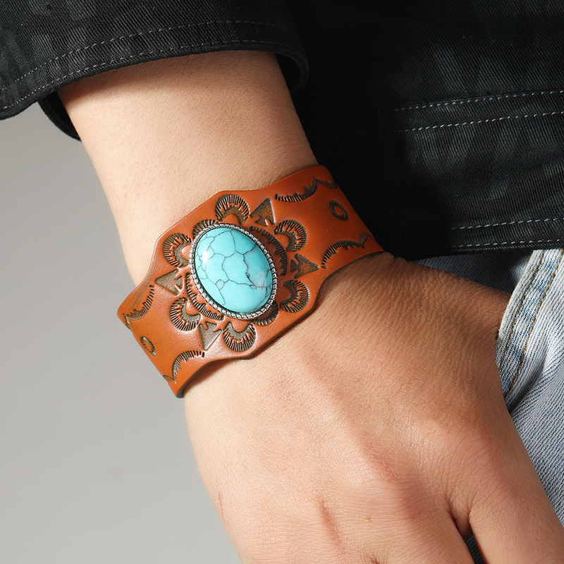 Boho Style Retro Turquoise Adjustable Cowhide Bracelet Simple Embossed Old Wide Leather Men's Bracelet