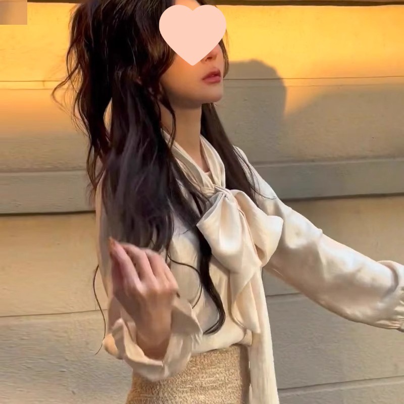 法式蝴蝶结衬衫女春秋小个子醋酸缎面衬衣宽松设计感小众长袖上衣|undefined