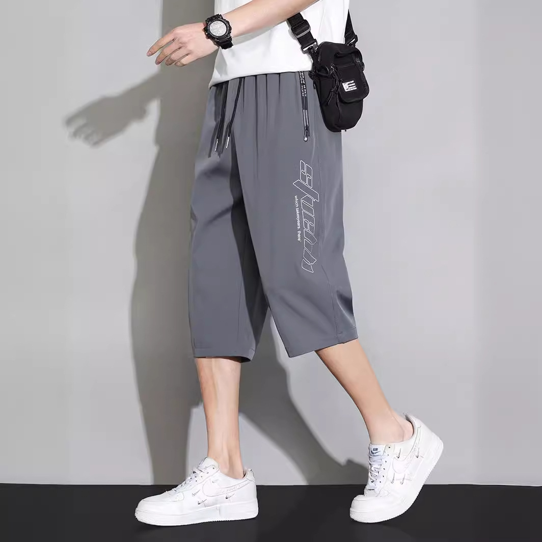Men's Summer Ice Silk Thin Cropped Pants Trendy Loose Quick-Dry Beach Shorts Sports Casual Cropped Pants