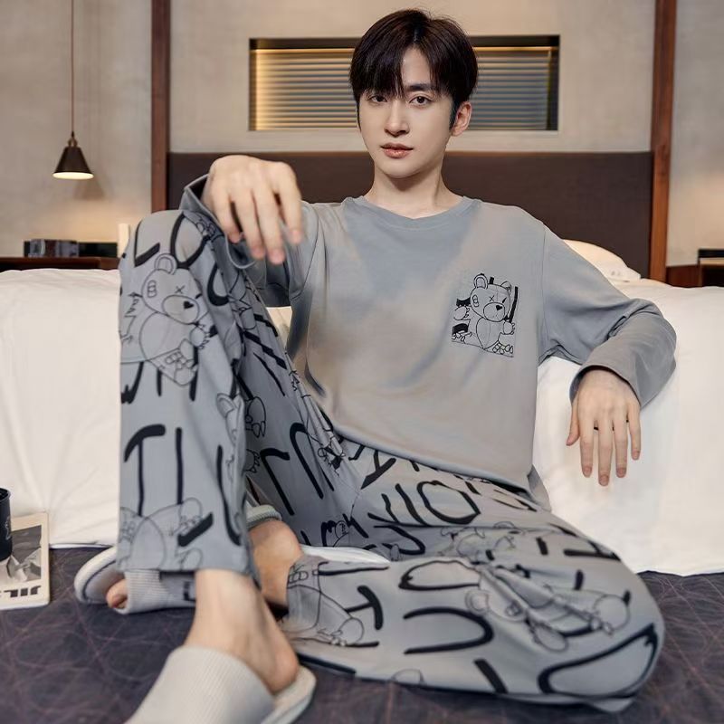 Corea del Sur 2024 pijamas de hombre de otoño pantalones de manga larga larga con un conjunto de sombreros más grande ropa casera simple al por mayor