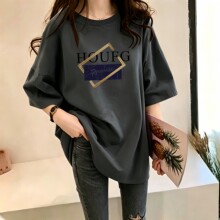 100%纯棉宽松甜美个性深灰夏季新款短袖t恤女洋气中长款上衣ins潮