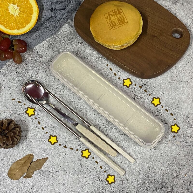 Wheat Straw Spoon Chopsticks Tableware Set Travel Adult Student Take-out Portable Stainless Steel Tableware Three-piece Set