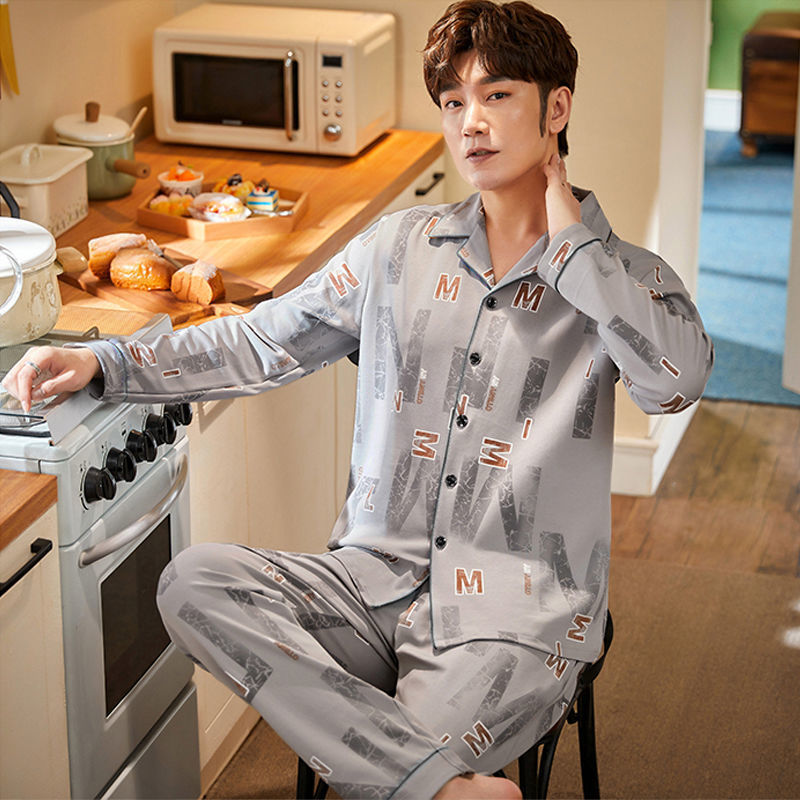 Pijamas de hombre de manga larga de primavera y otoño pijamas de hombre de primavera y verano ropa de hogar delgada pijamas de mediana edad para hombres traje de algodón de color sólido