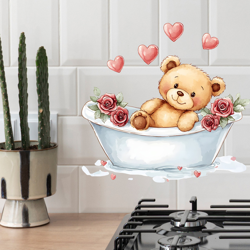 New MS-CC017 Creative Cartoon Bathtub Bear Red Rose Bathroom Toilet Background Home Decorative Wall Stickers