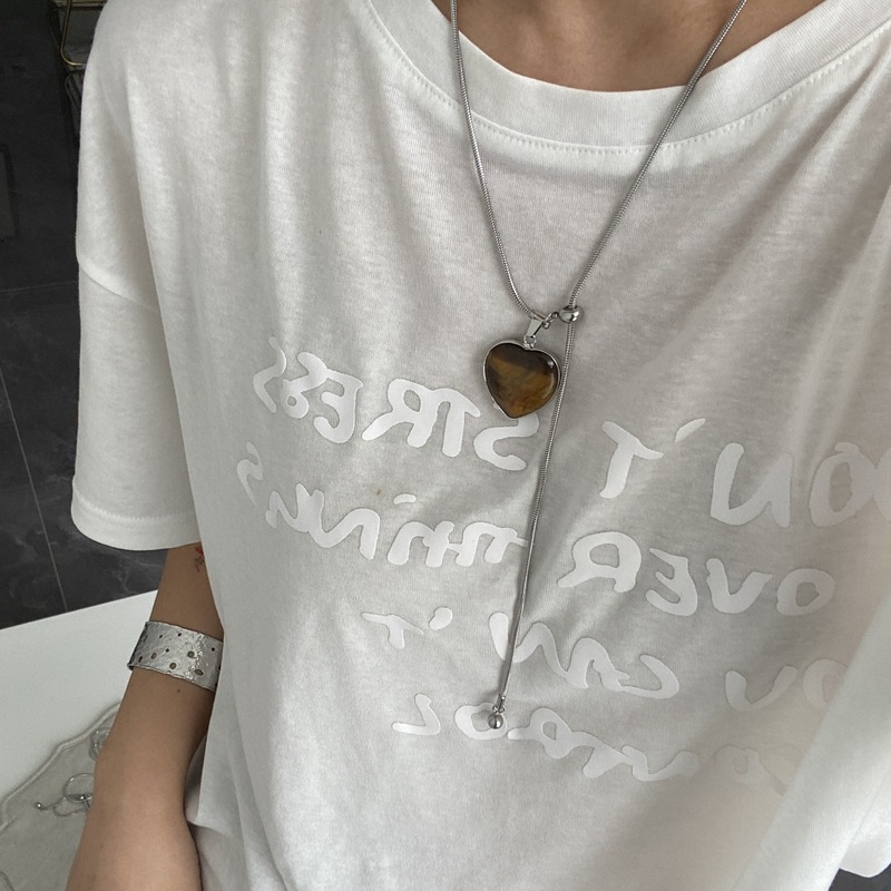 时髦设计感虎眼石抽拉项链天然石双面爱心个性小众博主同款项链女|undefined