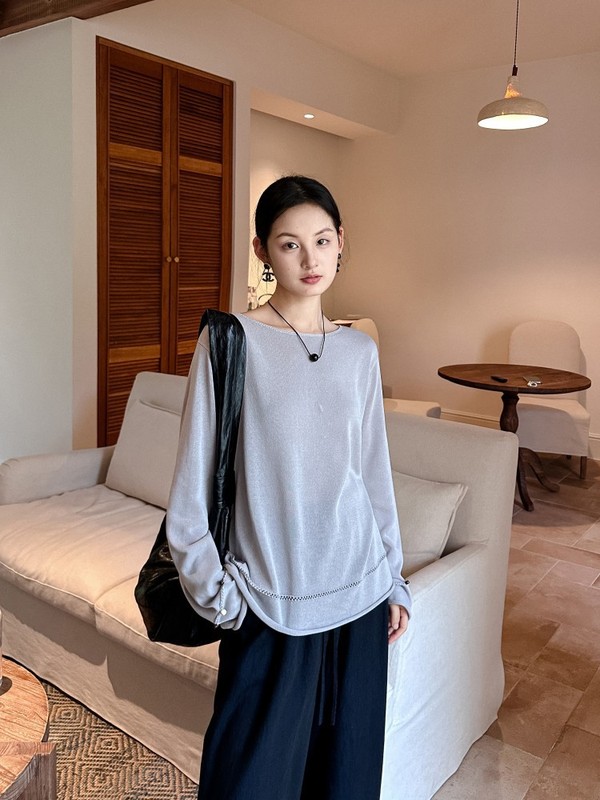 DIGM | 2025秋季极简风慵懒钝感力镂空钉珠长袖T恤针织衫女A0M002|undefined