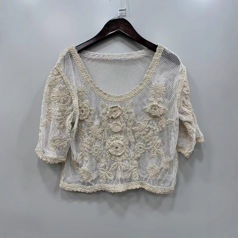 2024 New Korean Lace Shirt Women's Summer Hollow Crochet All-match apricot Short-sleeved Blouse Top Trendy 2024 New Korean Lace Shirt Women's Summer Hollow Crochet All-match apricot Short-sleeved Blouse Top Trendy
