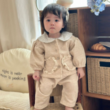 女童套装春秋薄款韩版女宝宝气质开衫+爬服两件套装儿童可爱衣服