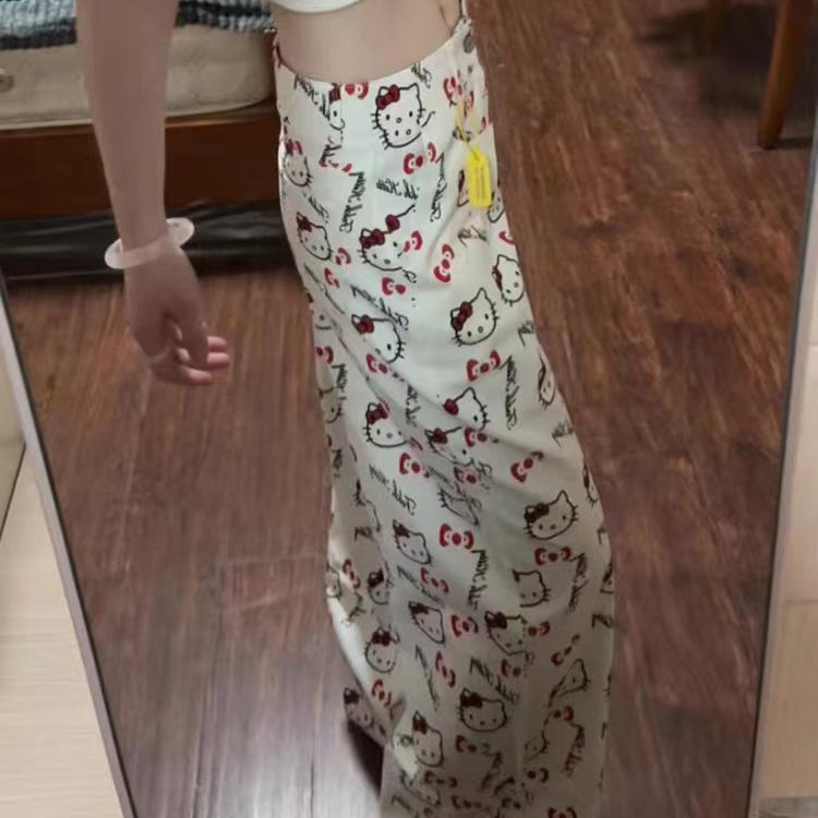 Cartoon Cute Kitty Cat Print White Wide Leg Jeans Women's 2025 New Straight Loose Casual Style