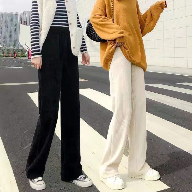 European and American Women's Cream creamy-white Chenille Wide Leg Pants Women's Autumn and Winter fleece-lined Corduroy Pants Straight Casual Pants
