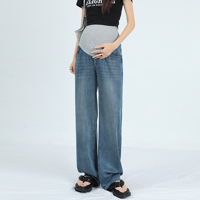 Pregnant women's Denim wide-leg pants spring and summer new outdoor lyocell tencel pants thin blue straight mop pants Pregnant women's Denim wide-leg pants spring and summer new outdoor lyocell tencel pants thin blue straight mop pants