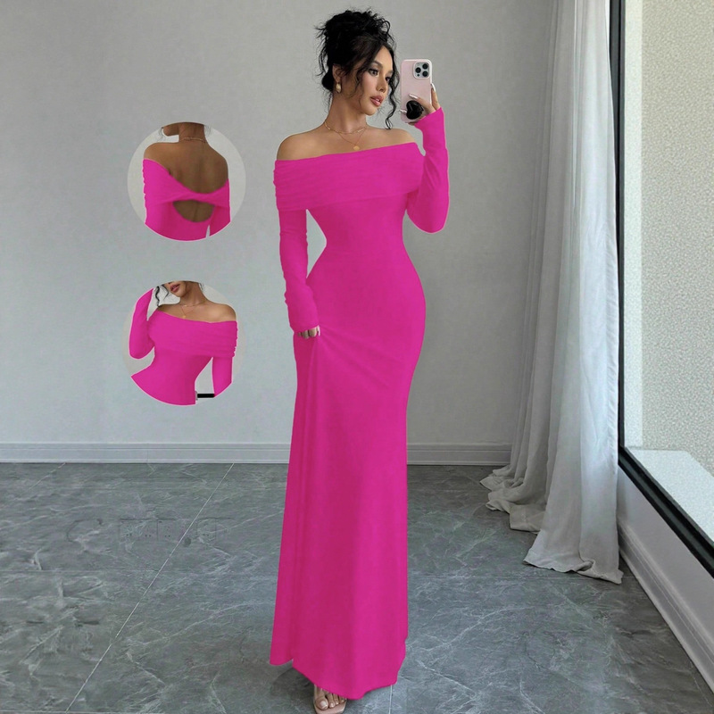 2025 Spring and Autumn New Style Off-Shoulder Gathered Tight Fashion Elegant Bodycon Long Evening Dress for Women