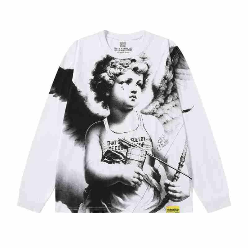 Cross-border American-style T-shirt with an angel's tears pattern, featuring a simple, casual design, made of pure cotton, and available in new long-sleeve styles for both men and women Cross-border American-style T-shirt with an angel's tears pattern, featuring a simple, casual design, made of pure cotton, and available in new long-sleeve styles for both men and women