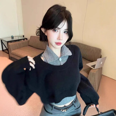 小个子polo领毛衣女学院风秋季新款短款针织两件套装慵懒翻领上衣