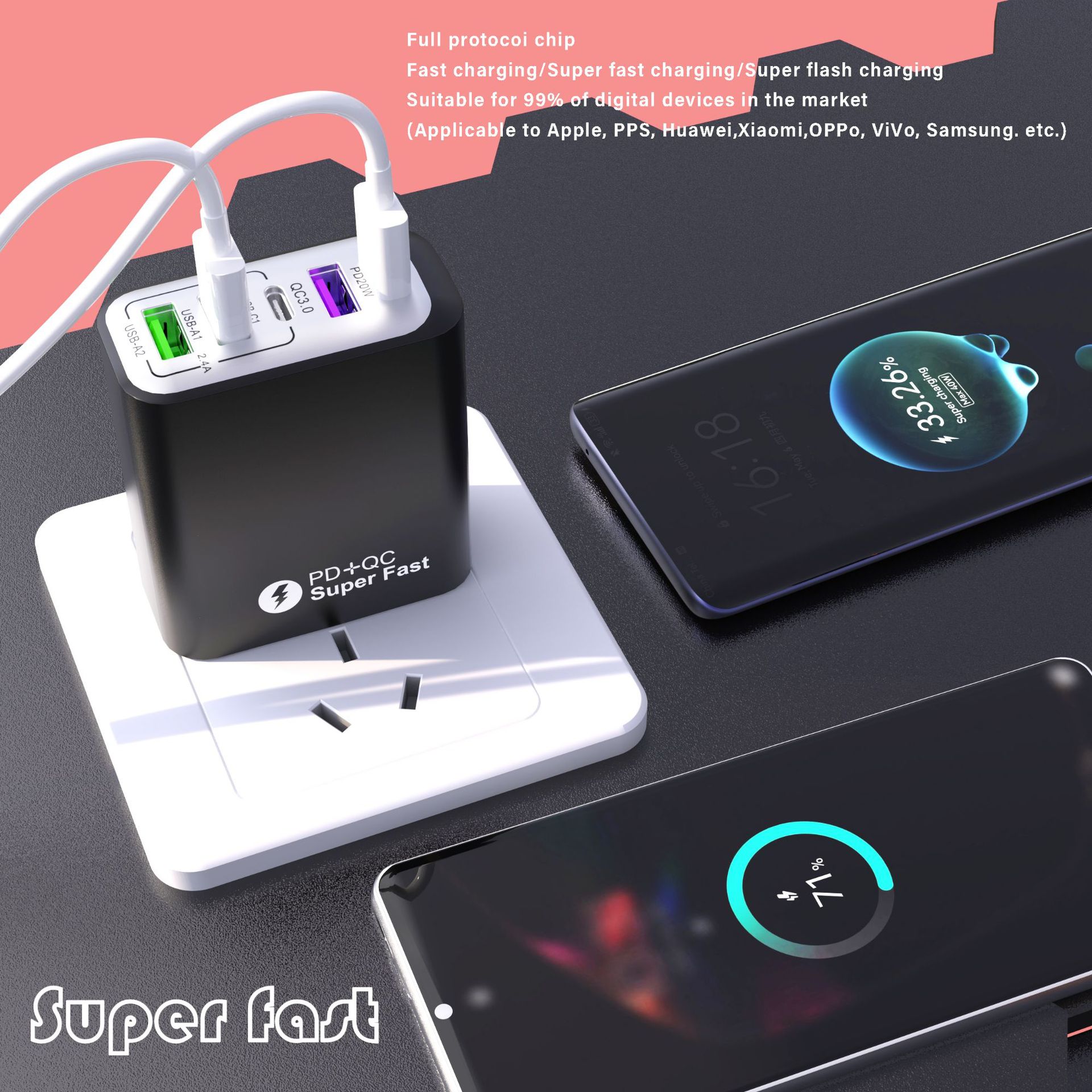 Autenticación transfronteriza explosiva QC3.0 cabeza de carga rápida 3USB + 2PD38W protocolo completo teléfono móvil cargador flash multipuerto cabeza de carga rápida