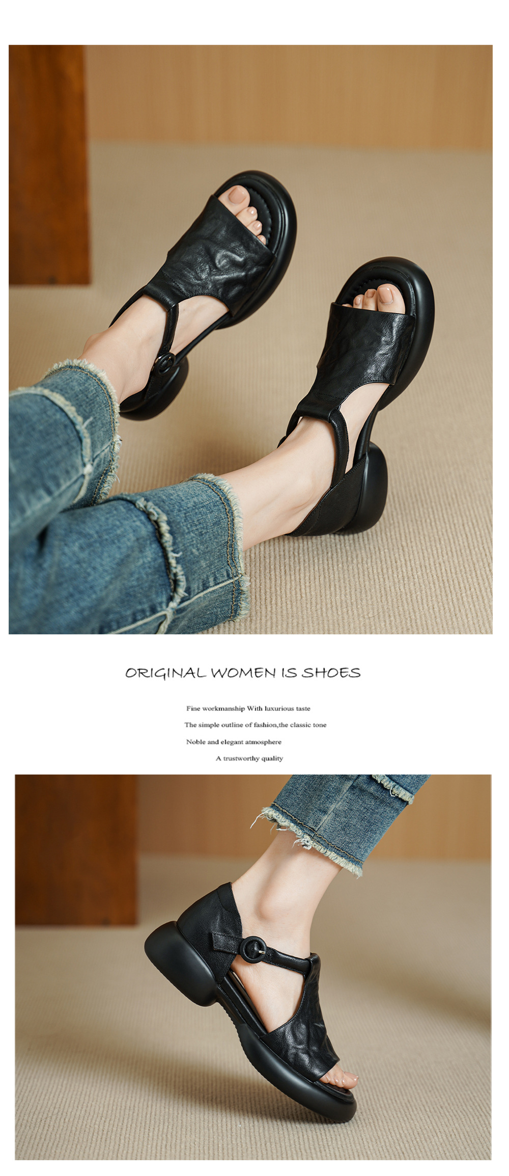 Sandal nữ da cừu mềm đế dày hở mũi, quai chữ T, gót thấp 3 cm, dán ma thuật — Vàng nâu chi tiết 8