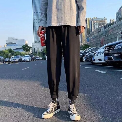 Black Button Lantern Pants for Men, Loose Tuck-in, Thin Fall Version, Wide Leg, Nine-Inch Casual Pants for Men, Cool and Suave