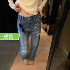 欧阳破洞泼墨牛仔裤女秋季新款宽松直筒拖地长裤做旧复古裤子