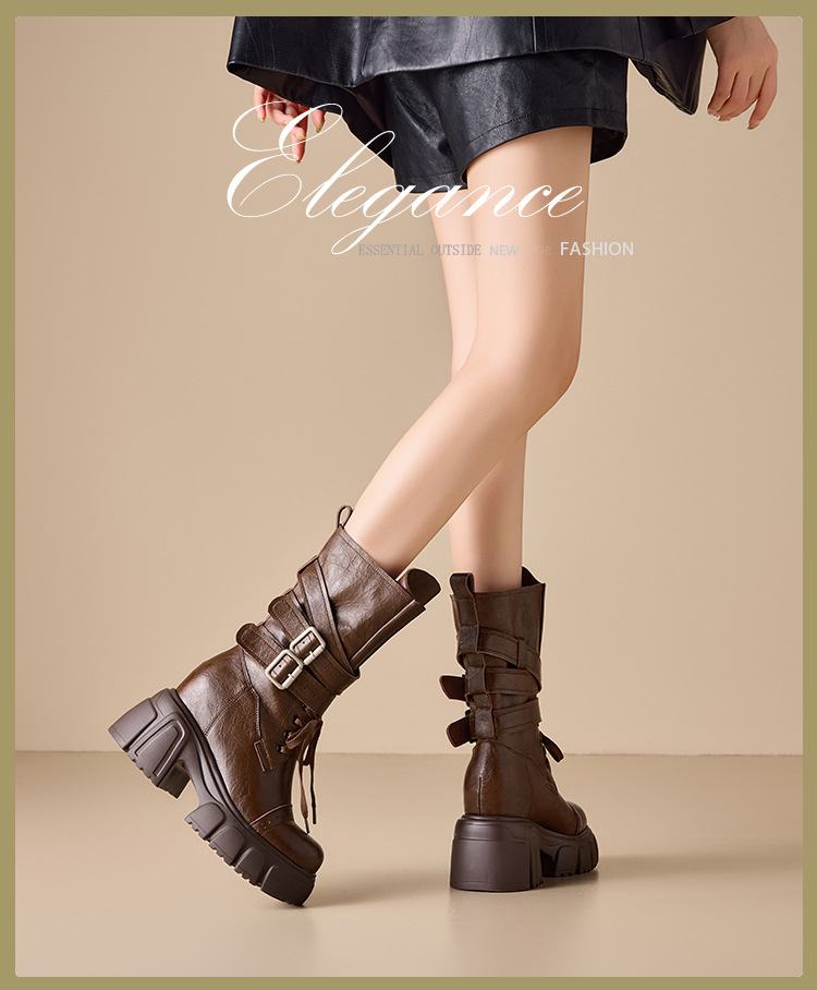Boot nữ cổ cao ôm bắp chân đế dày 10 cm phong cách phương Tây cổ điển — Lớp lót nhung đen chi tiết 1