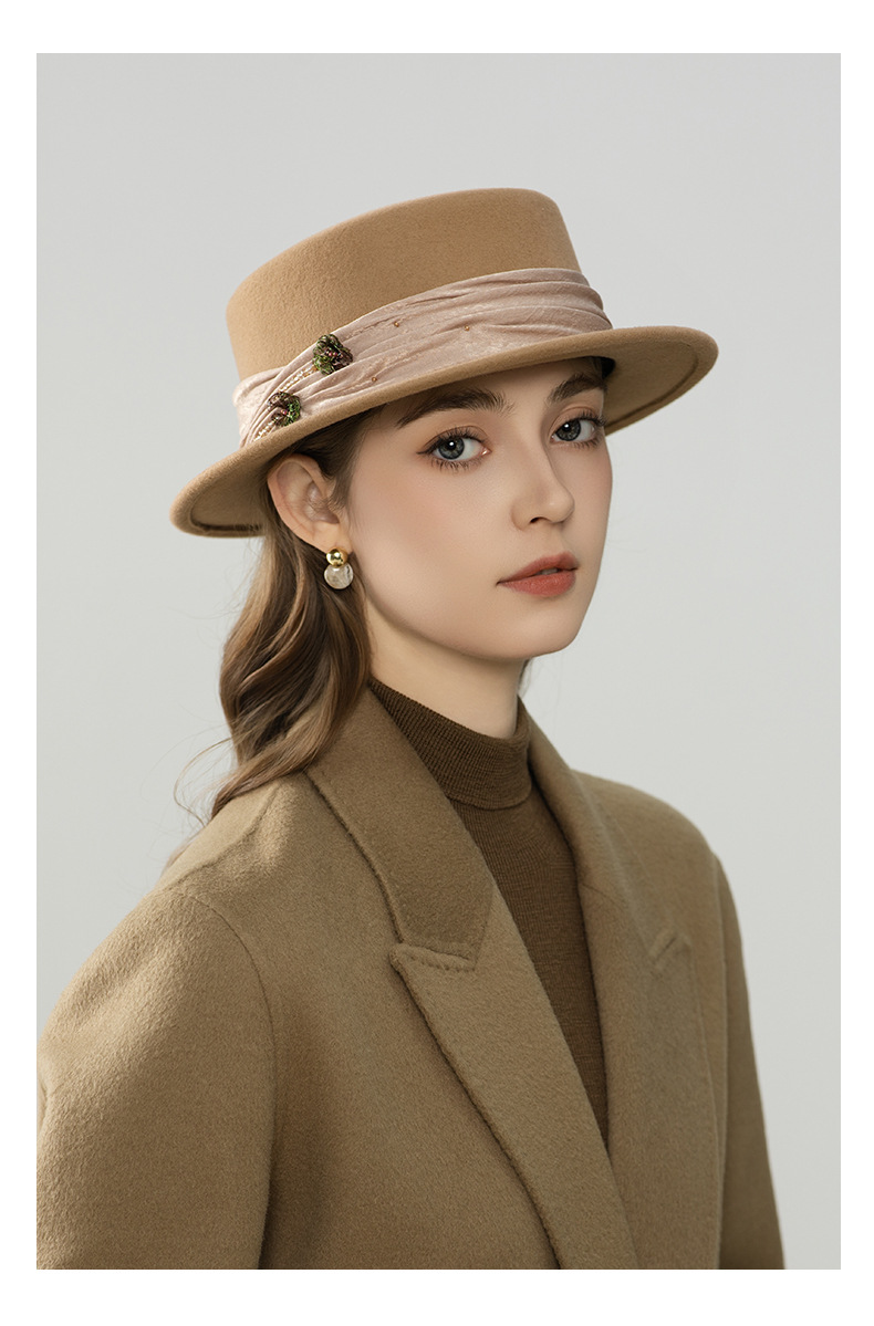 Mũ len beanie nữ phối satin hoa Pháp, phong cách thu đông — màu be chi tiết 6
