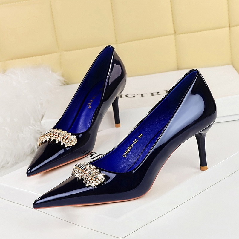 9283-Ak31 European and American Style Accessible Luxury Women's Shoes Stiletto High Heels Shallow Mouth Pointed Toe Patent Leather Metal Rhinestone Decorative Shoes