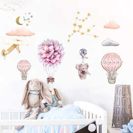 水墨浪漫粉色花朵热气球家居卧室客厅背景装饰可移除贴PH1700