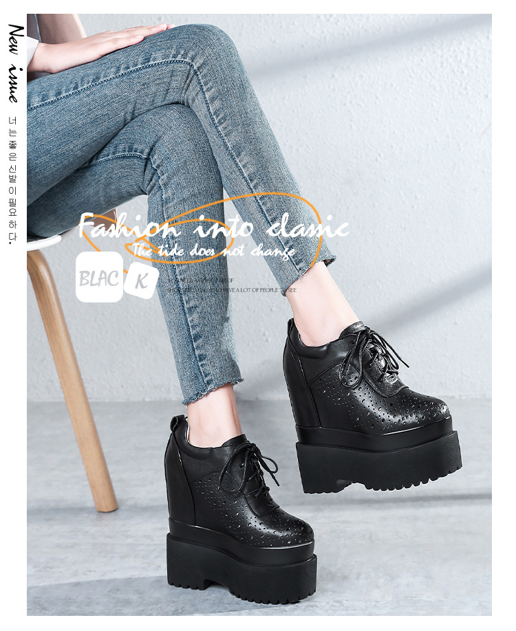 Giày sneaker nữ đế dày tăng chiều cao 16 cm, dây buộc, thiết kế hở mũi — màu đen chi tiết 5