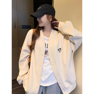 [fleece-lined/no fleece-lined] autumn and winter button cardigan sweater coat women's versatile embroidered V-neck loose top