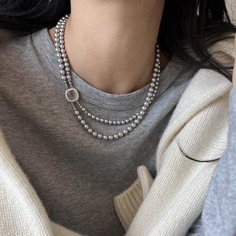 貝母扣真多麻色灰珍珠雙層項鍊女百搭高級感小眾設計女毛衣鏈飾品