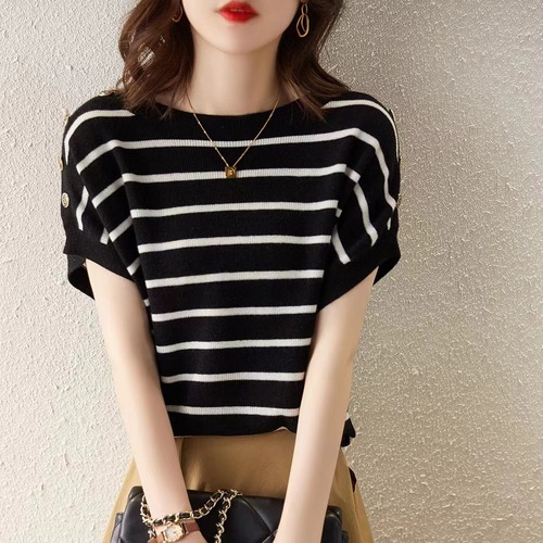 Women's 2025 Summer New French Chic Striped Loose Buttoned Cropped Sleeve Round Neck Knit Top